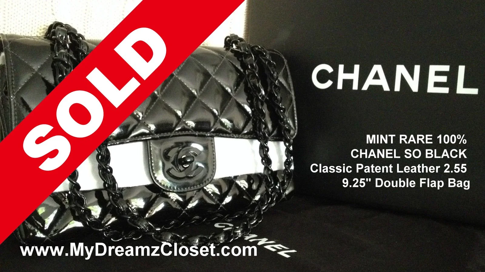 SOLD Patent 7 - MINT RARE 100% CHANEL SO BLACK Classic Patent Leather 2.55 9.25" Double Flap Bag