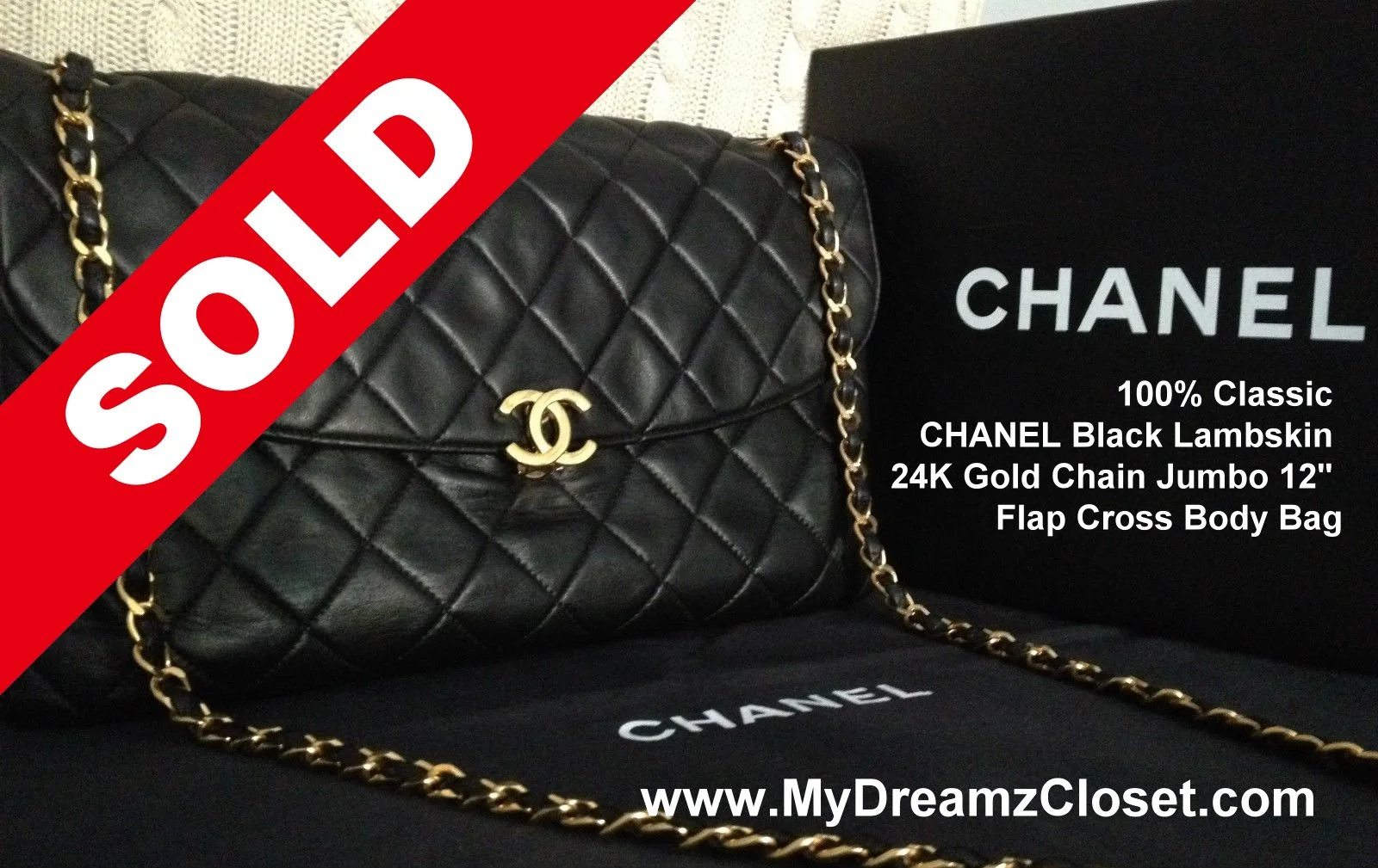 100% Classic CHANEL Black Lambskin 24K Gold Chain Jumbo 12" Flap Cross Body Bag