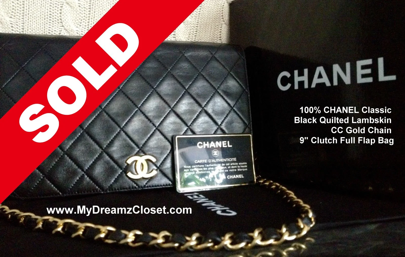 100% CHANEL Classic Black Quilted Lambskin CC Gold Chain 9" Clutch Full Flap Bag