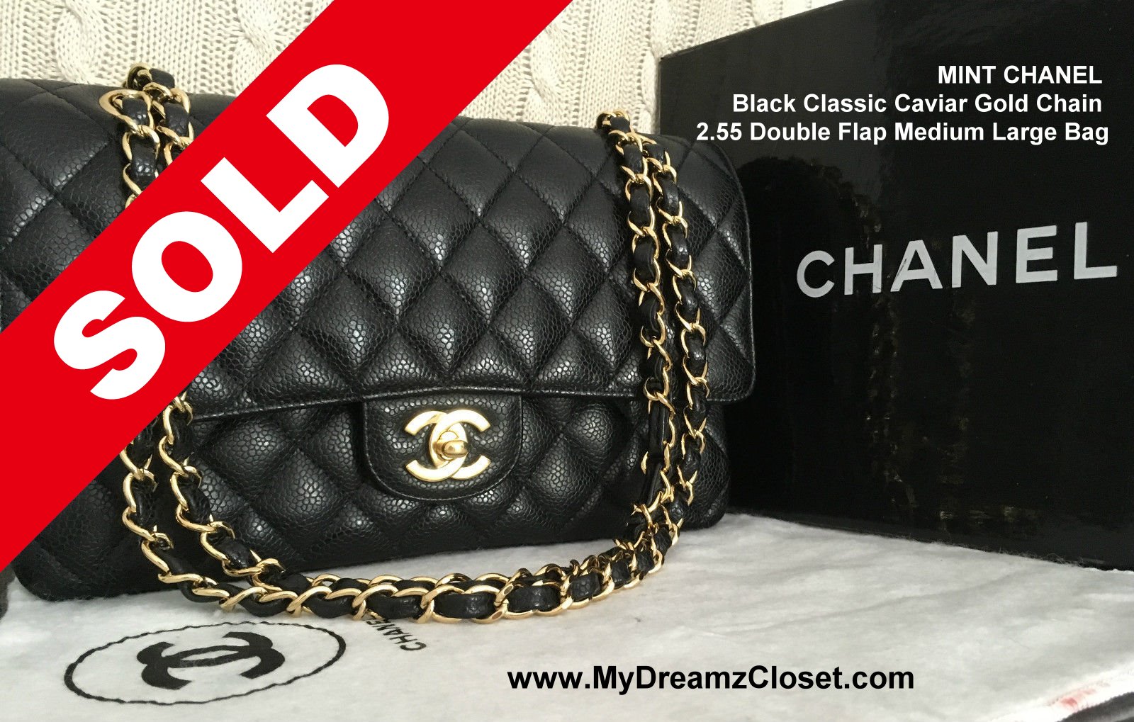SOLD Caviar 11 - MINT CHANEL Black Classic Caviar Gold Chain 2.55 Double Flap Medium Large Bag