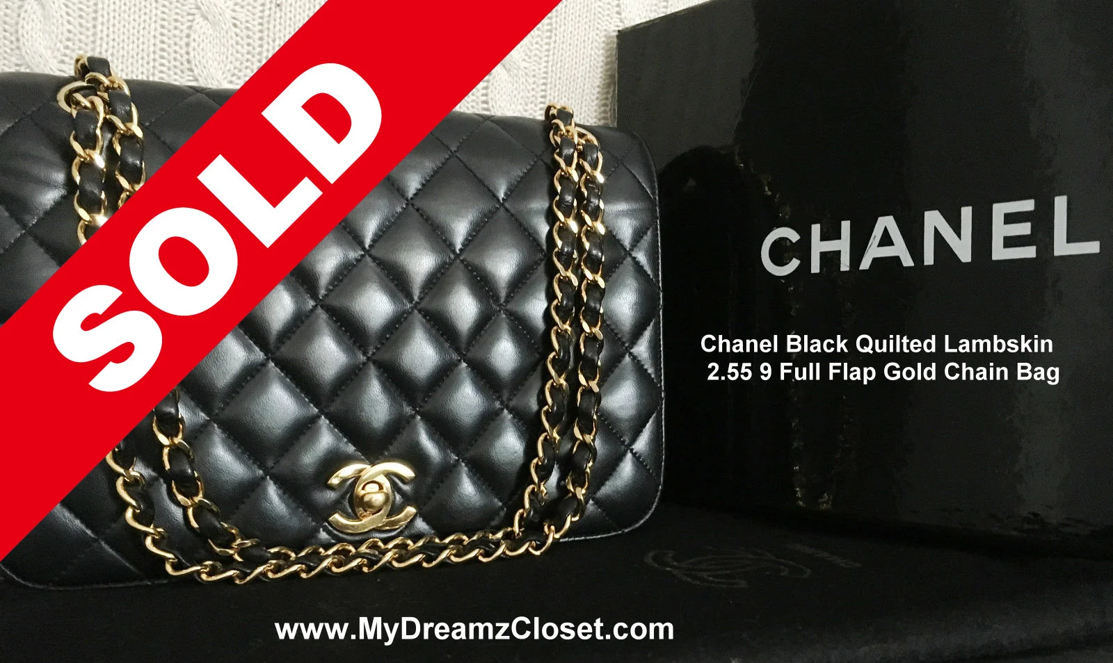 100% CHANEL Classic Black Quilted Lambskin 2.55 9" Full Flap Gold Chain Bag