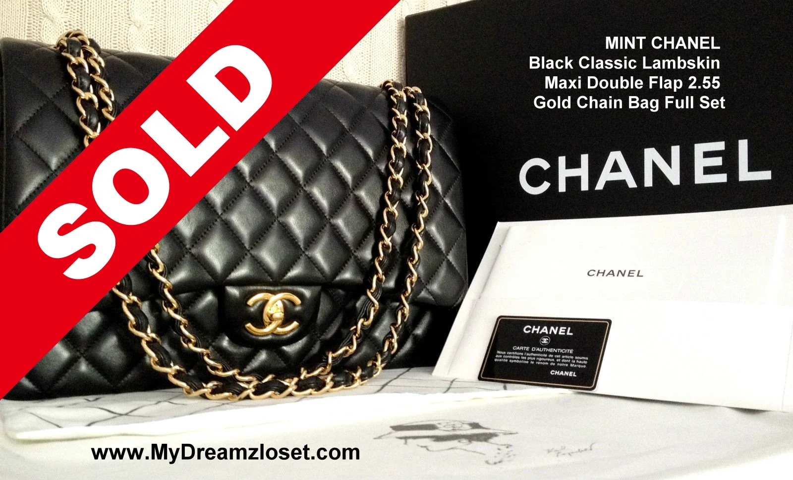 MINT CHANEL Black Classic Lambskin Maxi Double Flap 2.55 Gold Chain Bag Full Set
