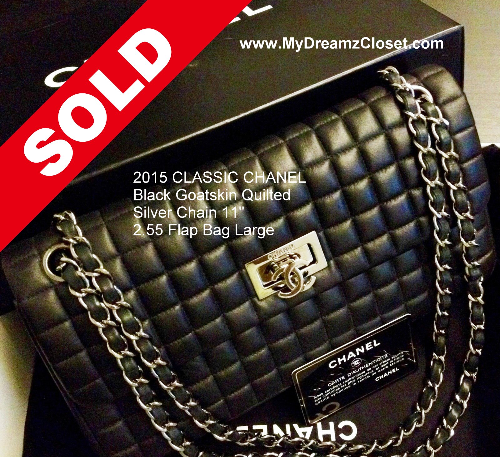 SOLD Lambskin 99 - 2015 CLASSIC CHANEL Black Goatskin Quilted Silver Chain 11 2.55 Flap Bag Large