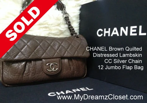 CHANEL Brown Quilted Distressed Lambskin CC Silver Chain 12 Jumbo Flap Bag