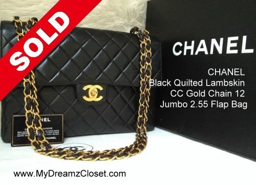 CHANEL Black Quilted Lambskin CC Gold Chain 12 Jumbo 2.55 Flap Bag