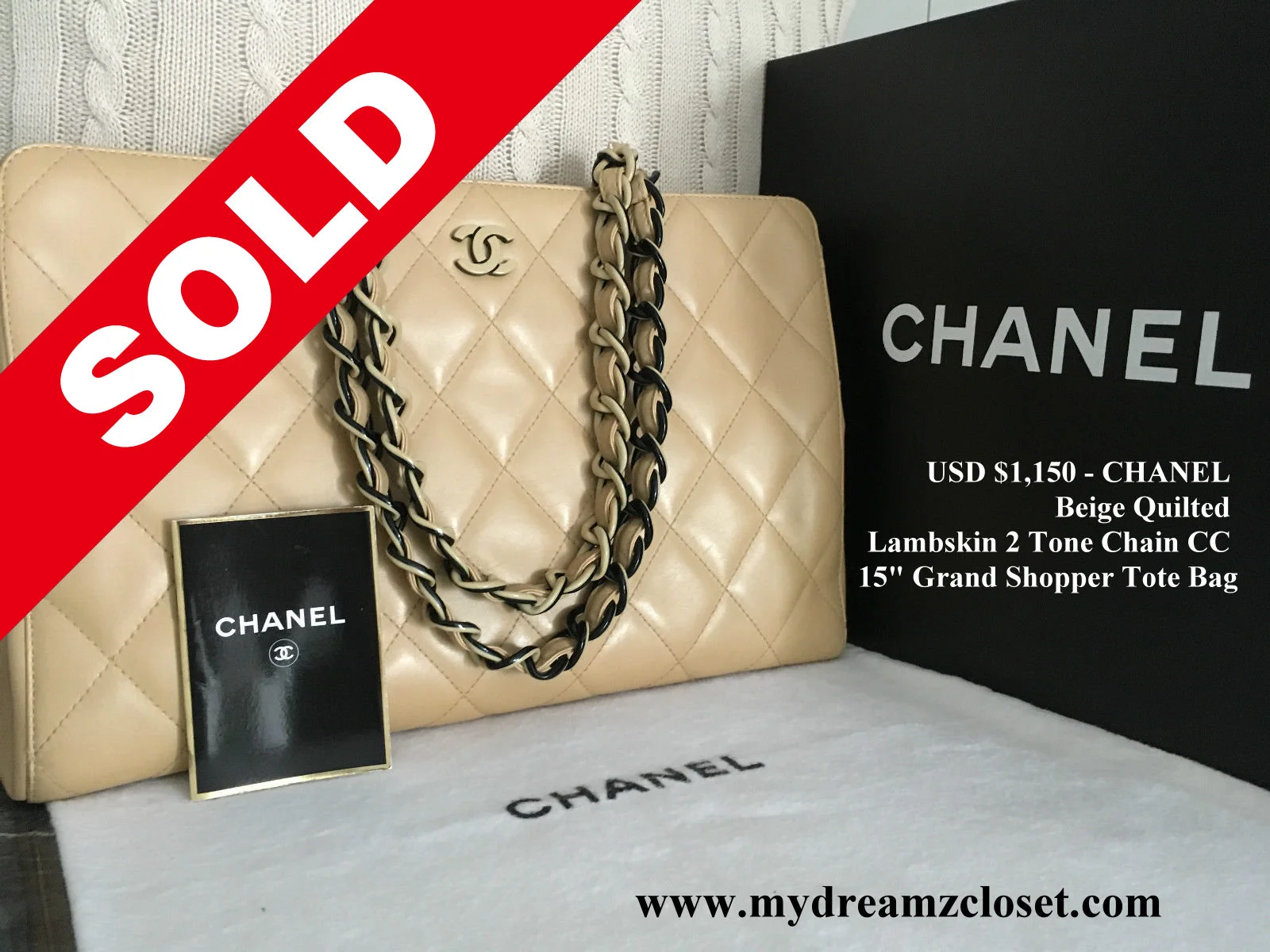 CHANEL Beige Quilted Lambskin 2 tone chain CC 15" Grand Shopper Tote Bag