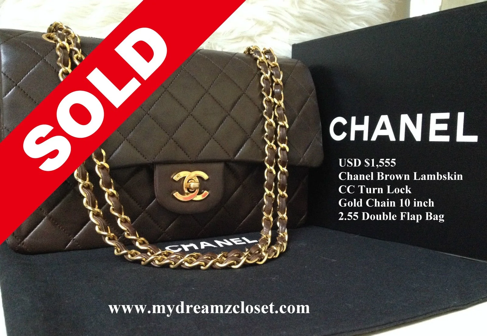 CHANEL Brown Lambskin CC Turn Lock Gold Chain 10 2.55 Double Flap Bag