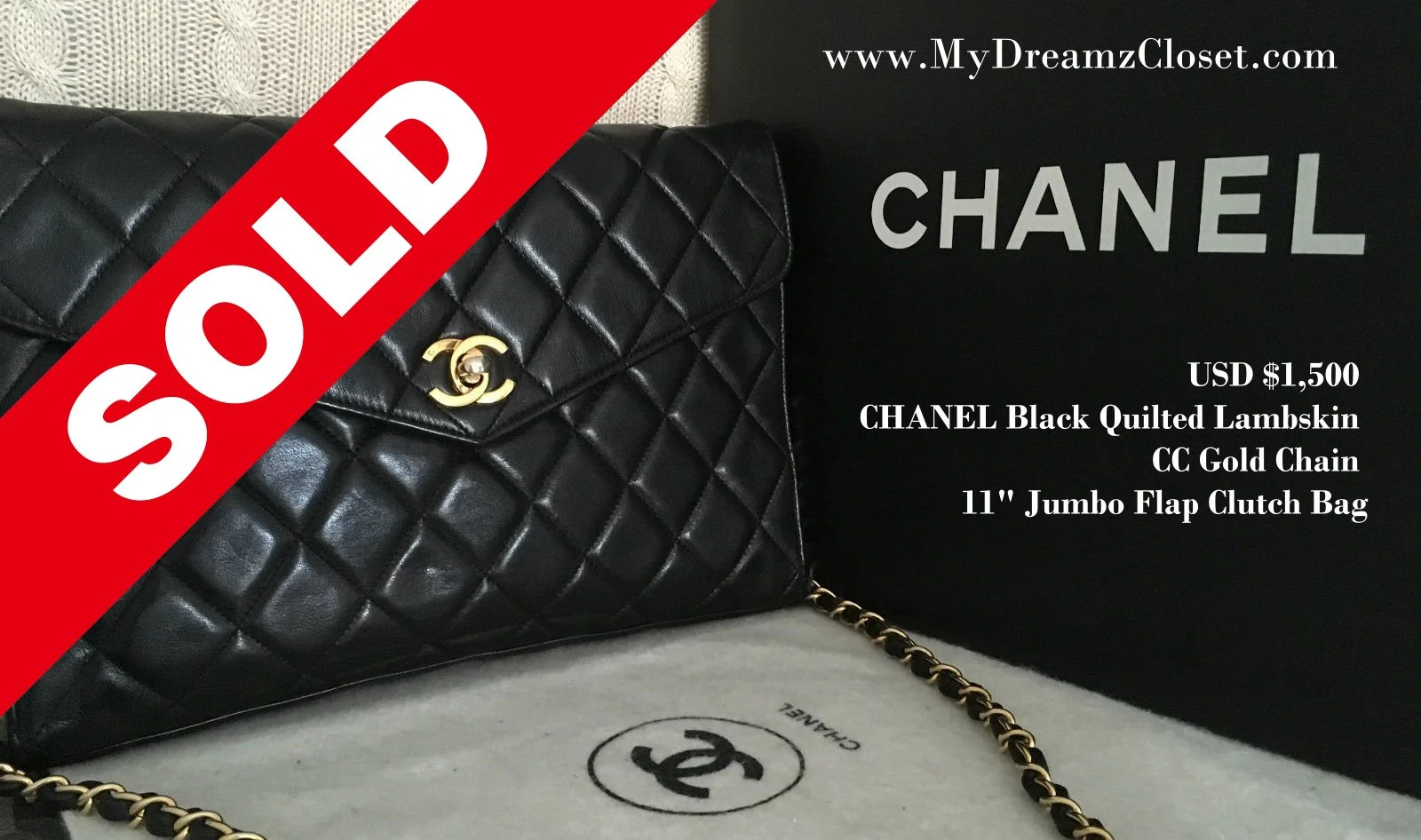 CHANEL Black Quilted Lambskin CC Gold Chain 11" Jumbo Flap Clutch Bag