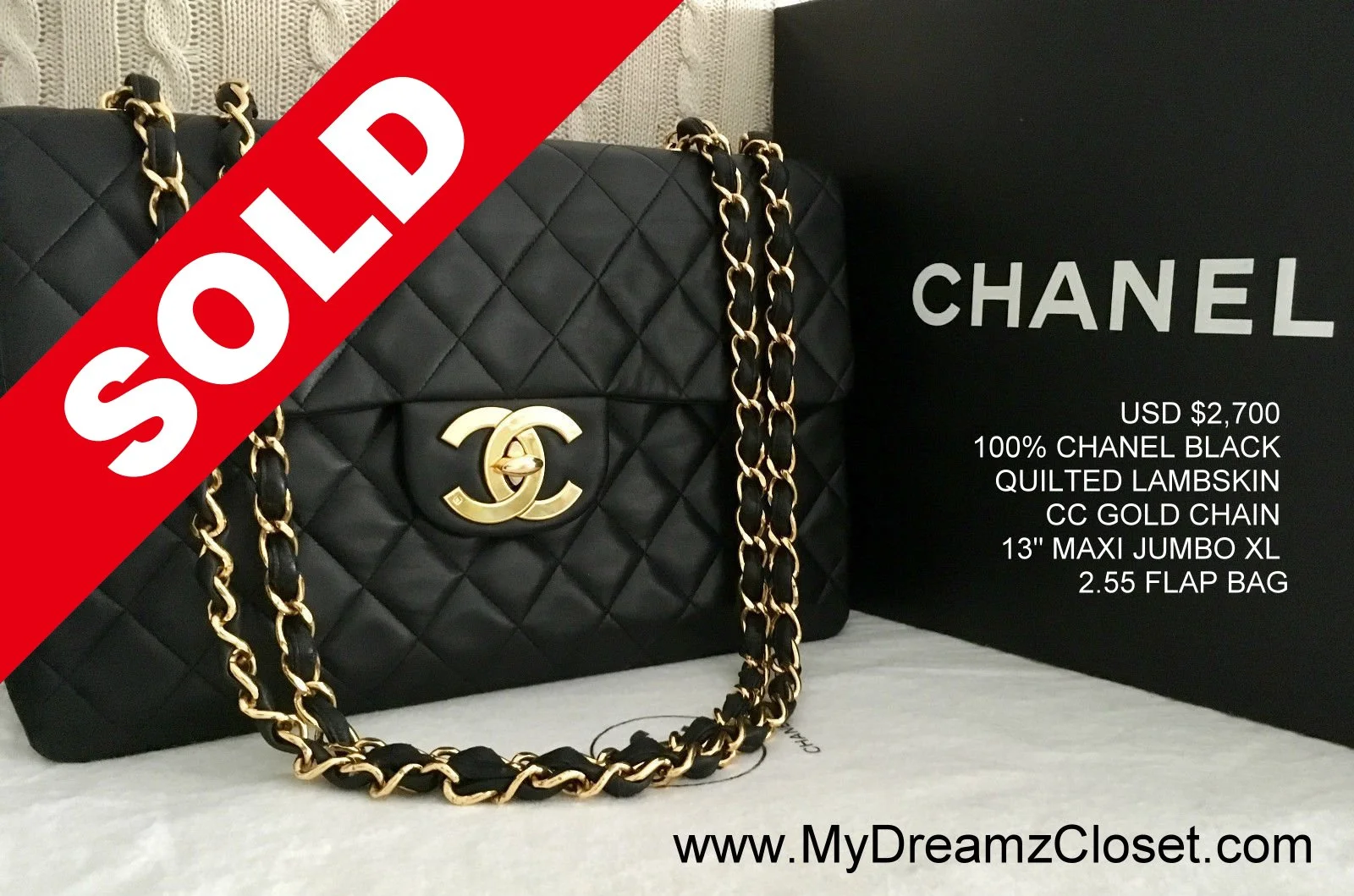 100% CHANEL Black Quilted Lambskin CC Gold Chain 13" Maxi Jumbo XL 2.55 Flap Bag