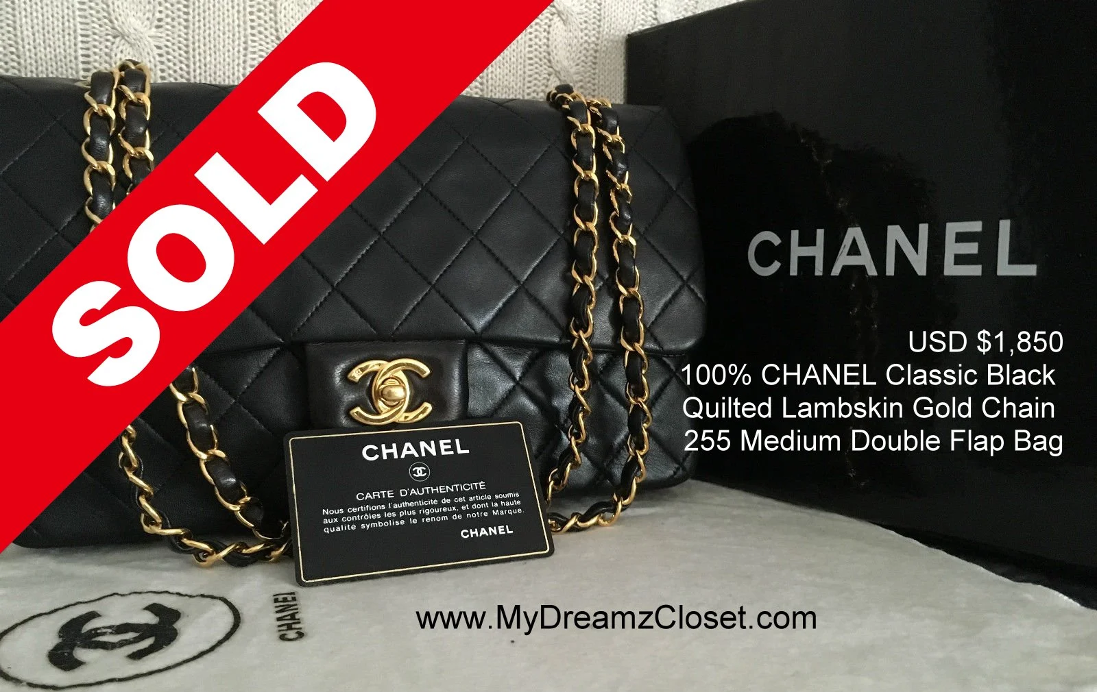 100% CHANEL Classic Black Quilted Lambskin Gold Chain 255 Medium Double Flap Bag