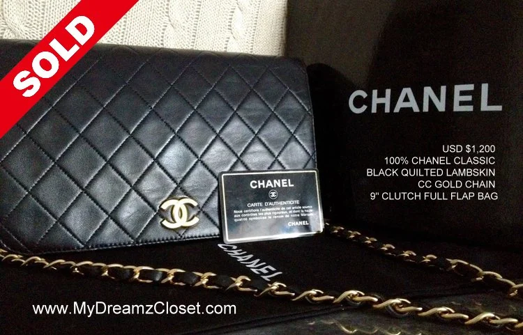 100% CHANEL Classic Black Quilted Lambskin CC Gold Chain 9" Clutch Full Flap Bag