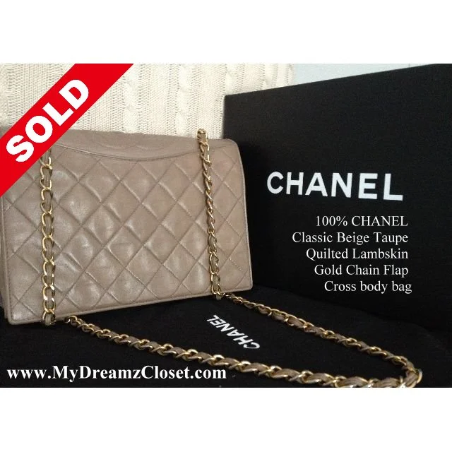 100% CHANEL Classic Beige Taupe Quilted Lambskin Gold Chain Flap Cross body bag