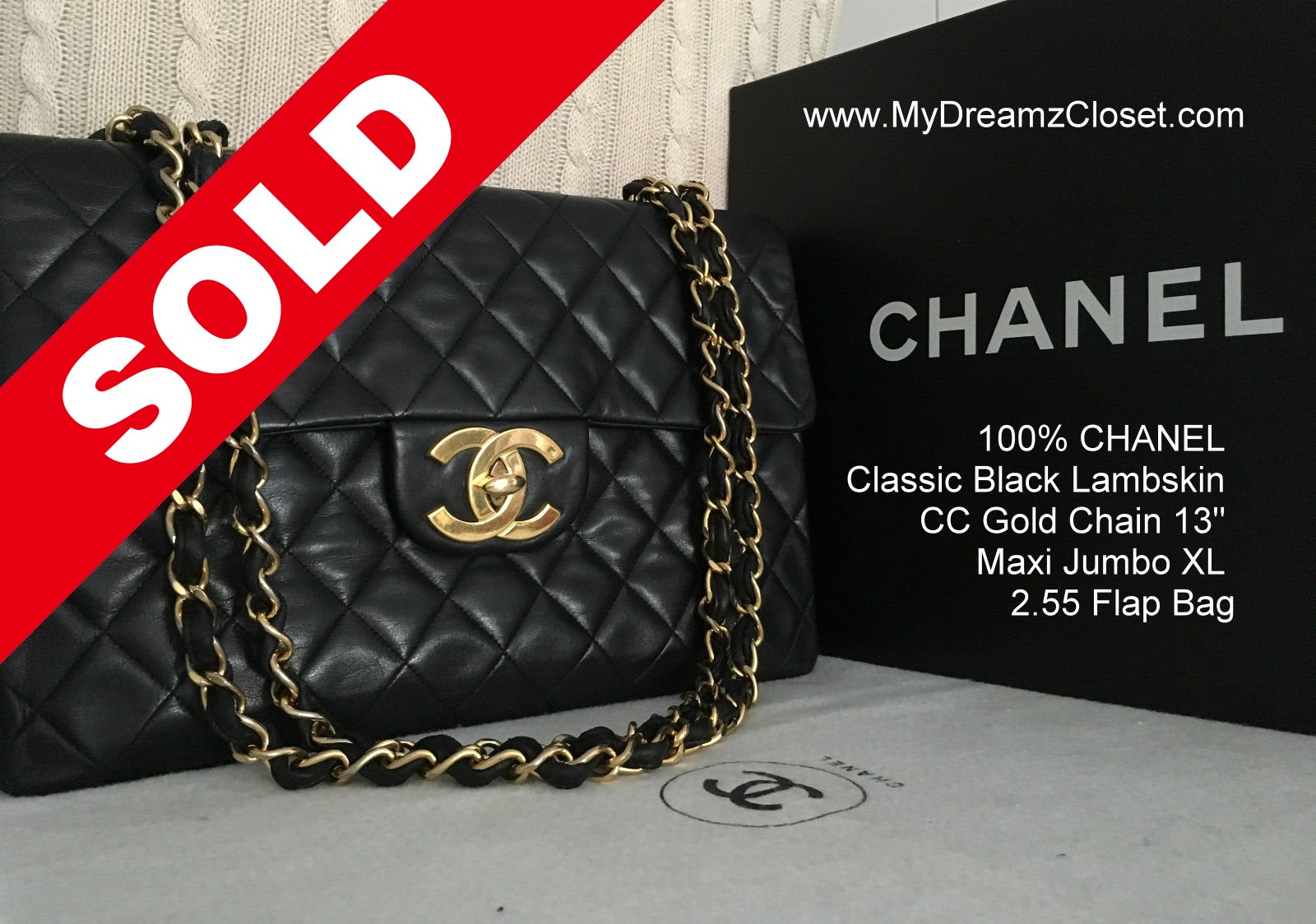 SOLD Lambskin 14 - 100% CHANEL Classic Black Lambskin CC Gold Chain 13 Maxi  Jumbo XL 2.55 Flap Bag - My Dreamz Closet