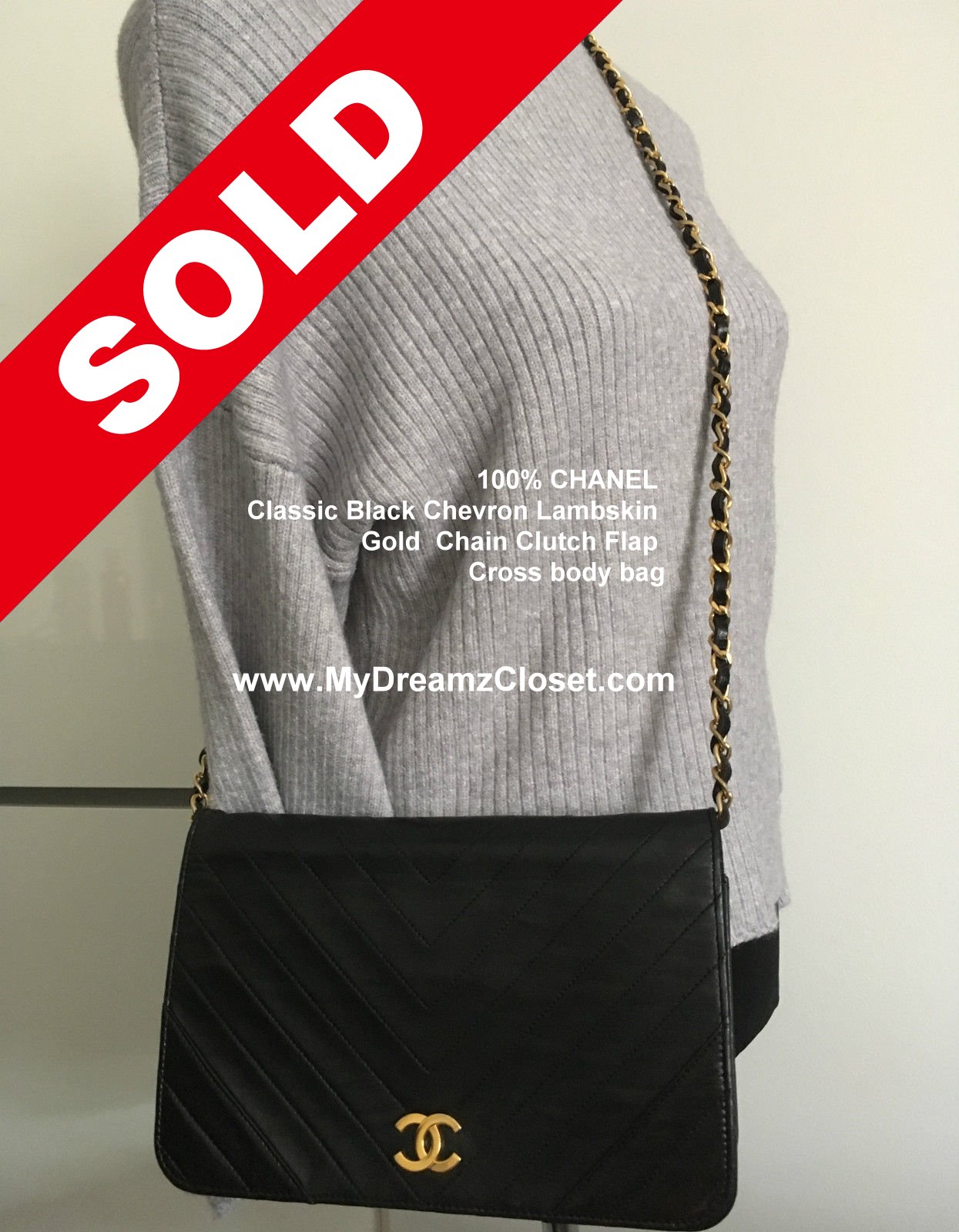 CHANEL Classic Black Chevron Lambskin Gold Chain Clutch Flap Cross body bag