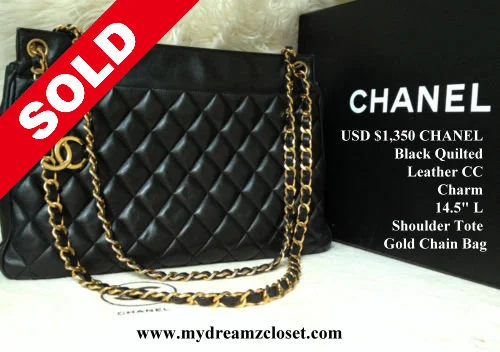 CHANEL Black Quilted Leather CC Charm 14.5 L Shoulder Tote Gold Chain Bag
