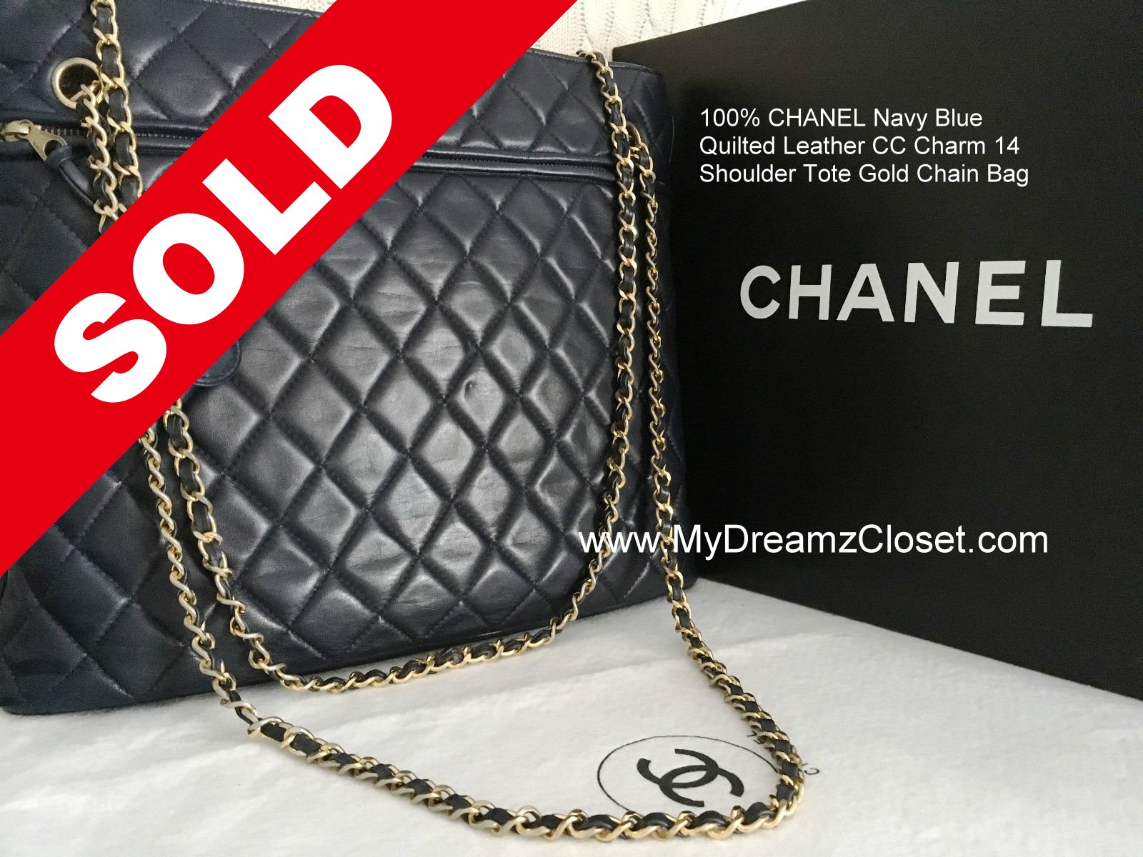 CHANEL Navy Blue Quilted Leather CC Charm 14"Shoulder Tote Gold Chain Bag