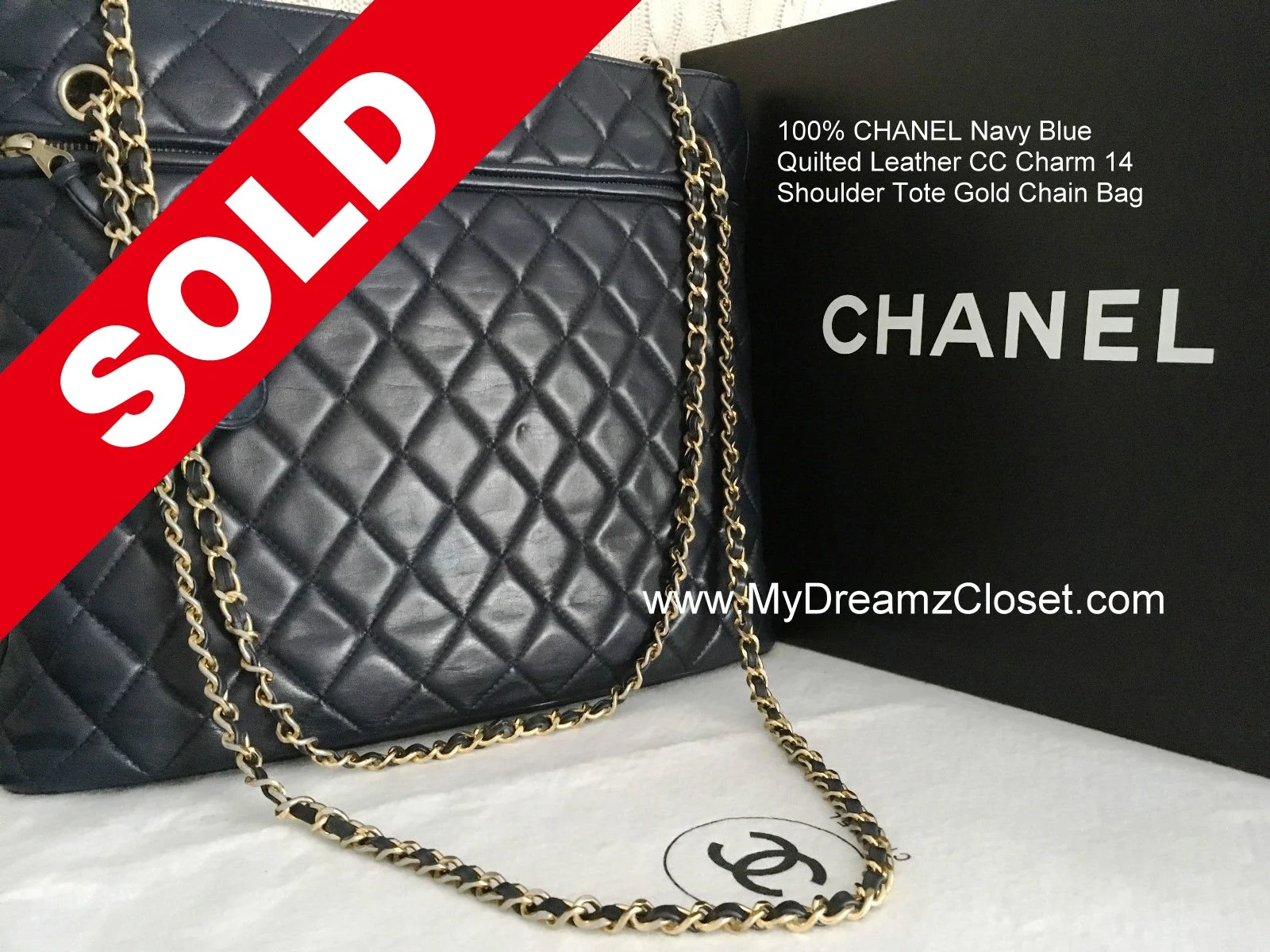 CHANEL Navy Blue Quilted Leather CC Charm 14"Shoulder Tote Gold Chain Bag