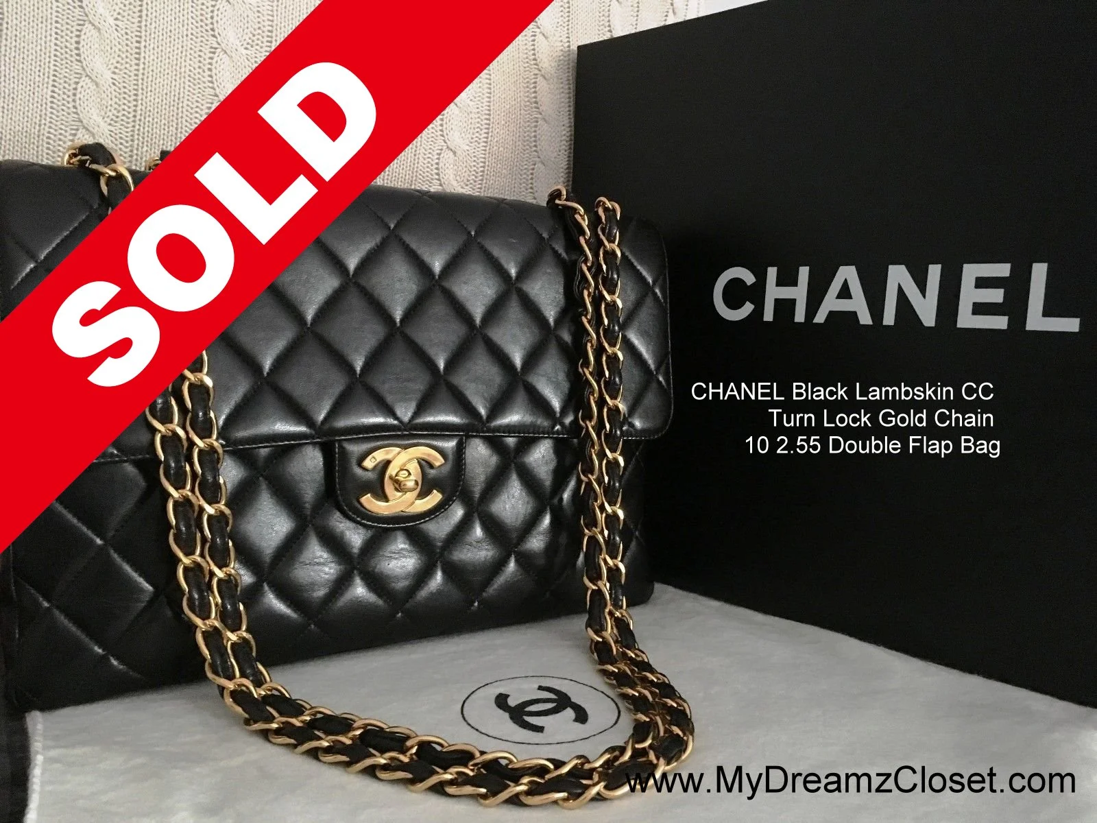 CHANEL Black Lambskin CC Turn Lock Gold Chain 10" 2.55 Double Flap Bag