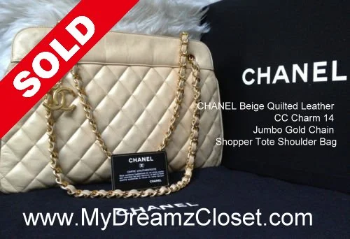 CHANEL Beige Quilted Leather CC Charm 14" Jumbo Gold Chain Shopper Tote Bag