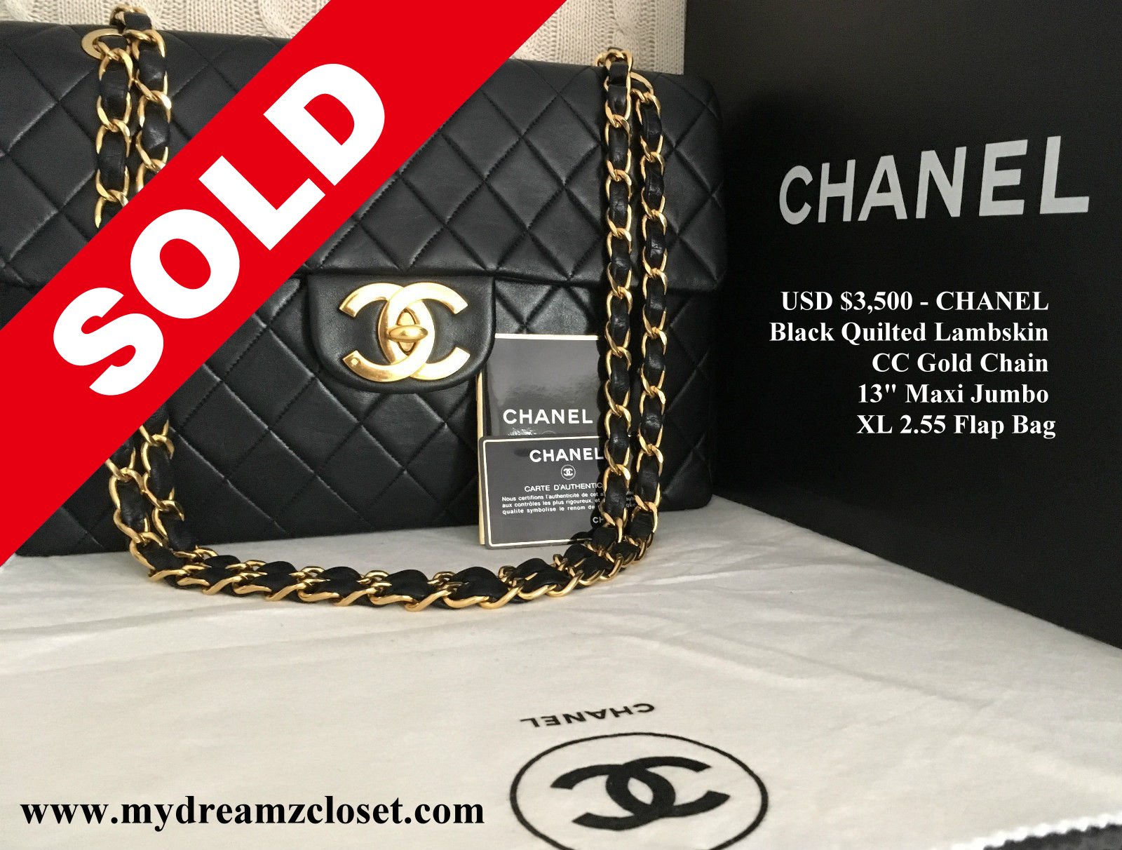 CHANEL Black Quilted Lambskin CC Gold Chain 13 Maxi Jumbo XL 2.55 Flap Bag