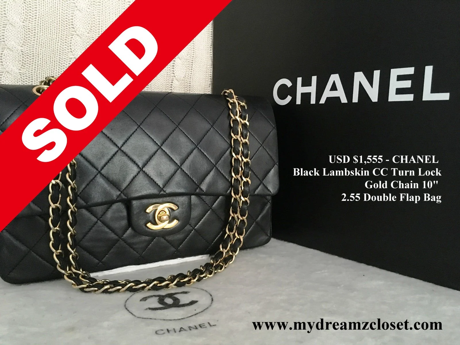 CHANEL Black Lambskin CC Turn Lock Gold Chain 10" 2.55 Double Flap Bag