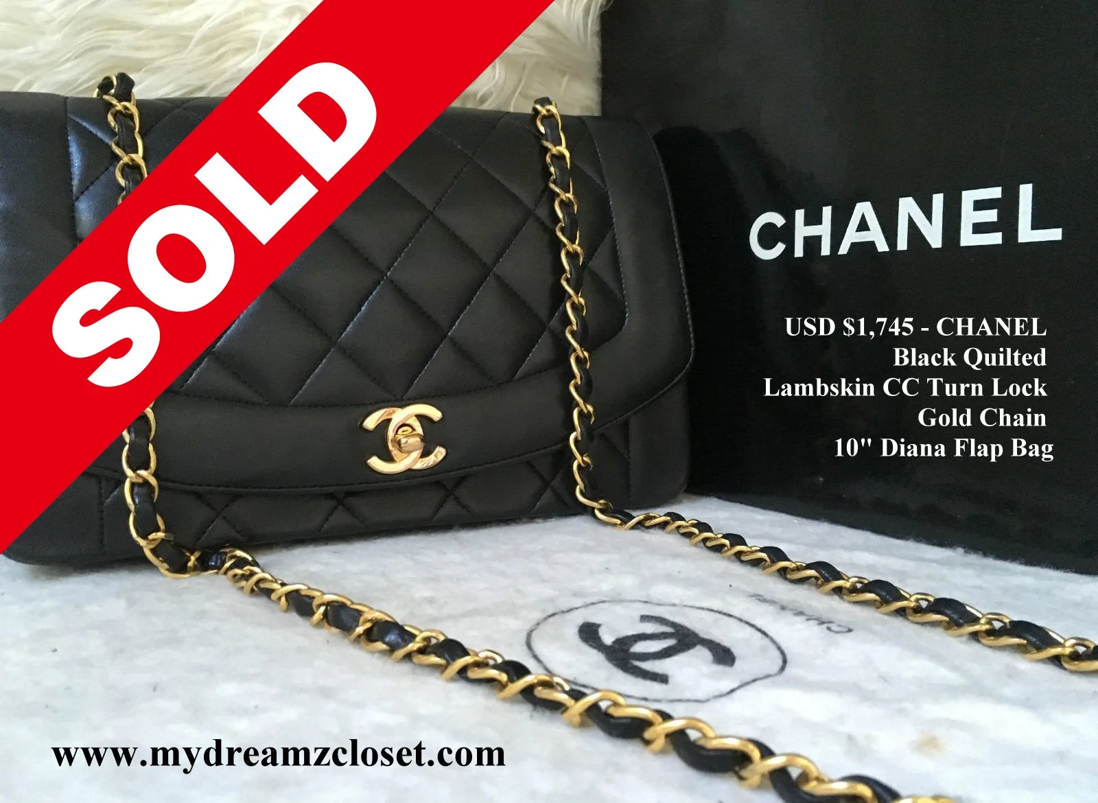 CHANEL Black Quilted Lambskin CC Turn lock Gold Chain 10" Diana Flap Bag
