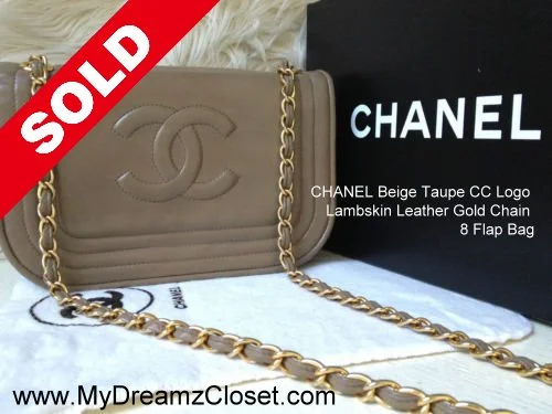 CHANEL Beige Taupe CC Logo Lambskin Leather Gold Chain 8 Flap Bag