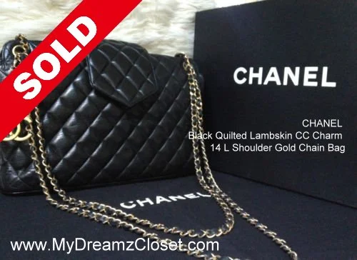 CHANEL Black Quilted Lambskin CC Charm 14 L Shoulder Gold Chain Bag