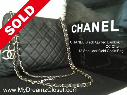 CHANEL Black Quilted Lambskin CC Charm 12" Shoulder Gold Chain Bag