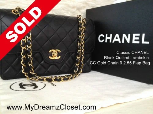 Classic CHANEL Black Quilted Lambskin CC Gold Chain 9" 2.55 Flap Bag