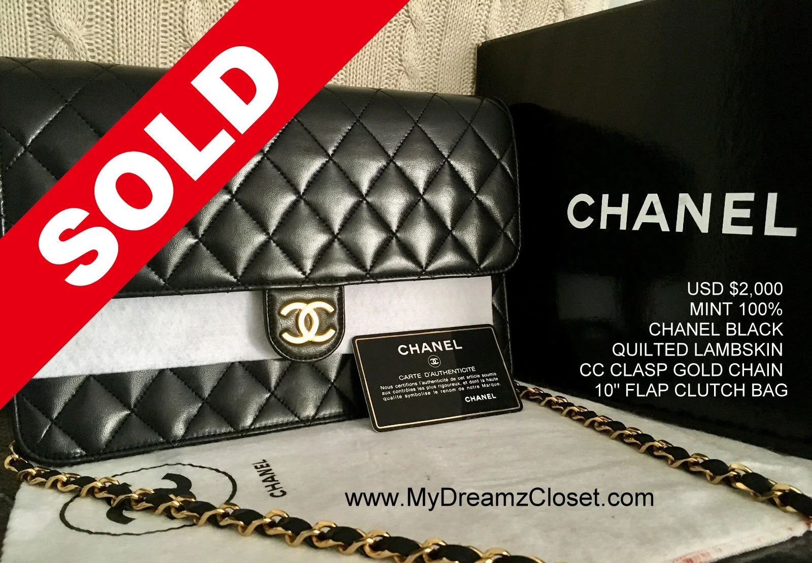 SOLD Lambskin 131 - Jan 2017 - Clasp Gold Chain 10 Flap Clutch Bag