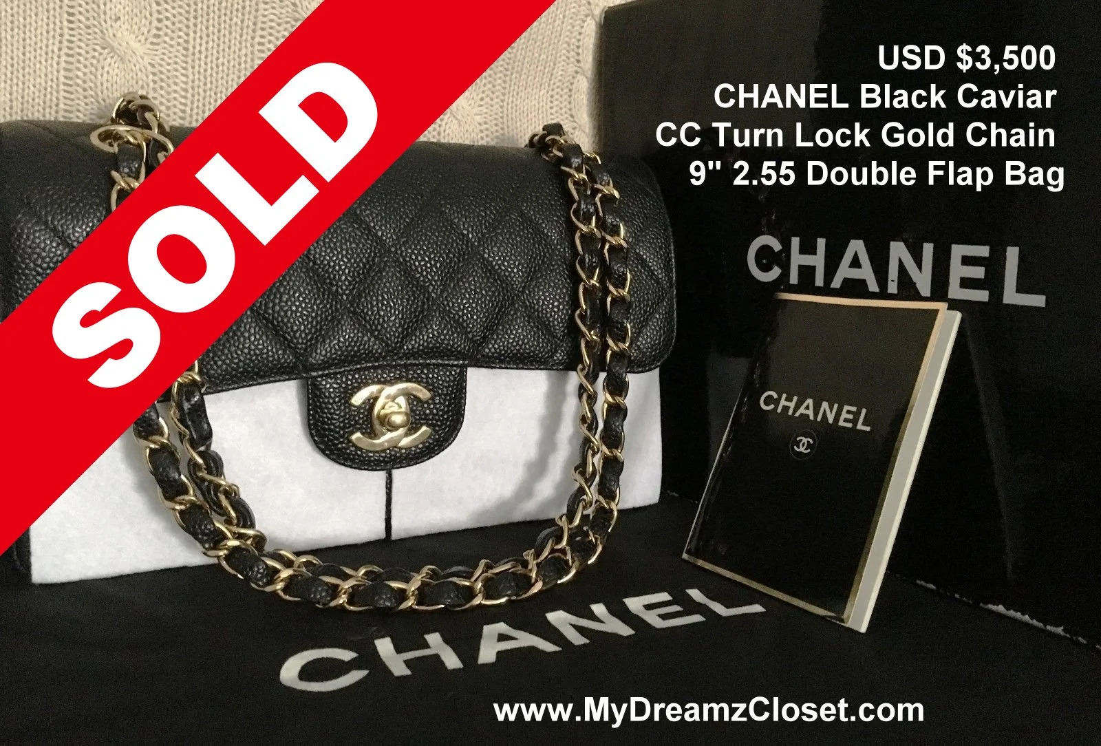 SOLD Caviar 1 - Dec 16 -CHANEL Black Caviar CC Turn Lock Gold Chain 9 2.55 Double Flap Bag