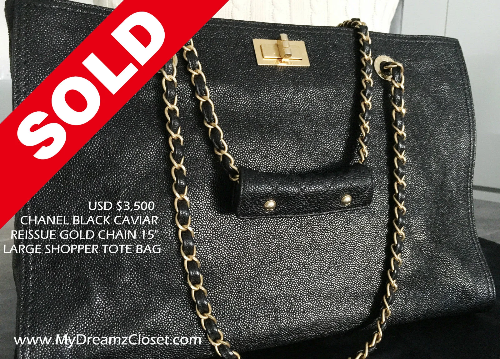 SOLD Caviar 7 - CHANEL Black Caviar Reissue Gold Chain 15" Large Shopper Tote Bag