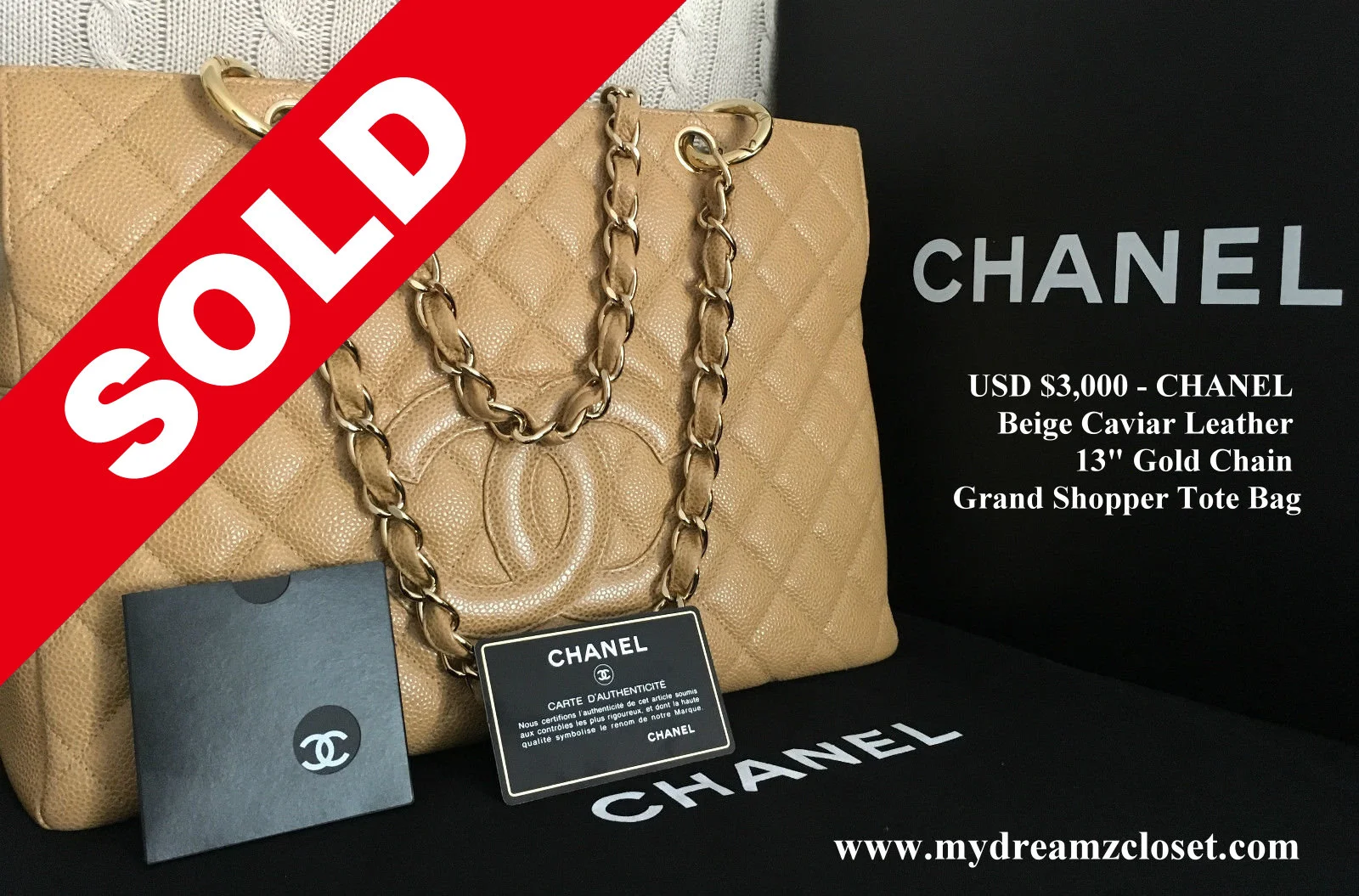 SOLD Caviar 9 - CHANEL Beige Caviar Leather 13" Gold Chain Grand Shopper Tote Bag
