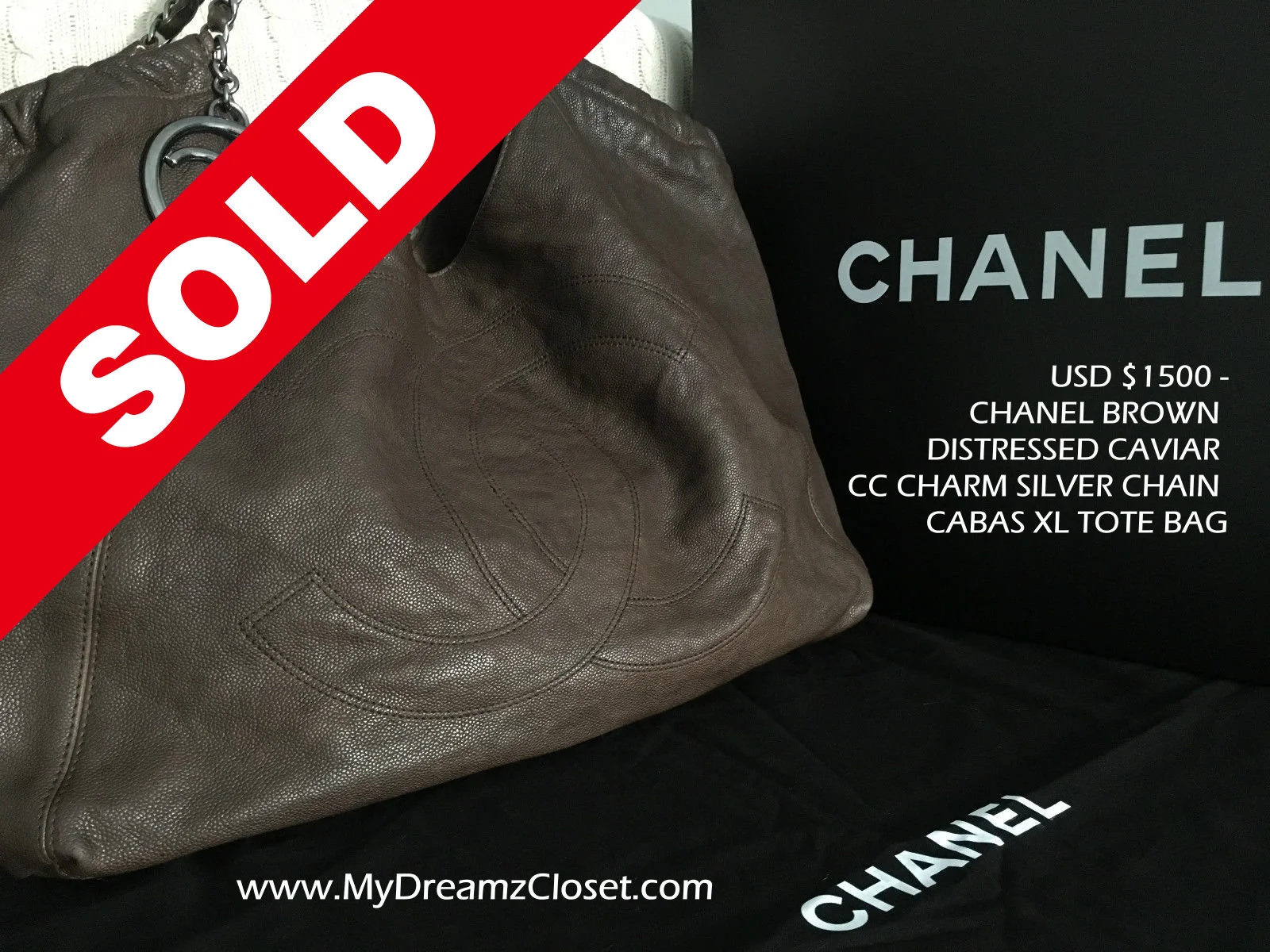 SOLD Caviar 10 - CHANEL Brown Distressed Caviar CC Charm Silver Chain Cabas XL Tote Bag