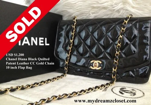 SOLD Patent 1 - CHANEL Diana Black Quilted Patent Leather CC Gold Chain 10 Flap Bag