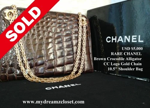RARE CHANEL Brown Crocodile Alligator CC Logo Gold Chain 10.5 Shoulder Bag