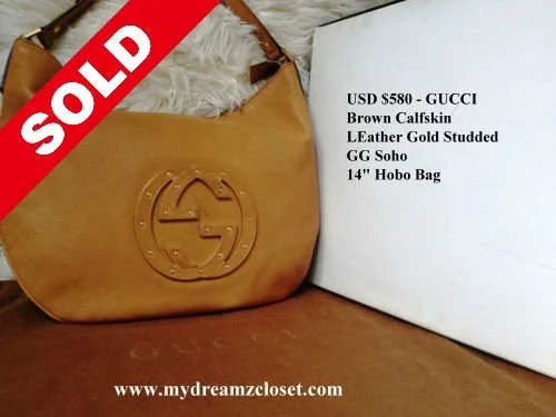 SOLD Mix 10 - GUCCI Brown Calfskin Leather Gold Studded GG Soho 14" Hobo Bag