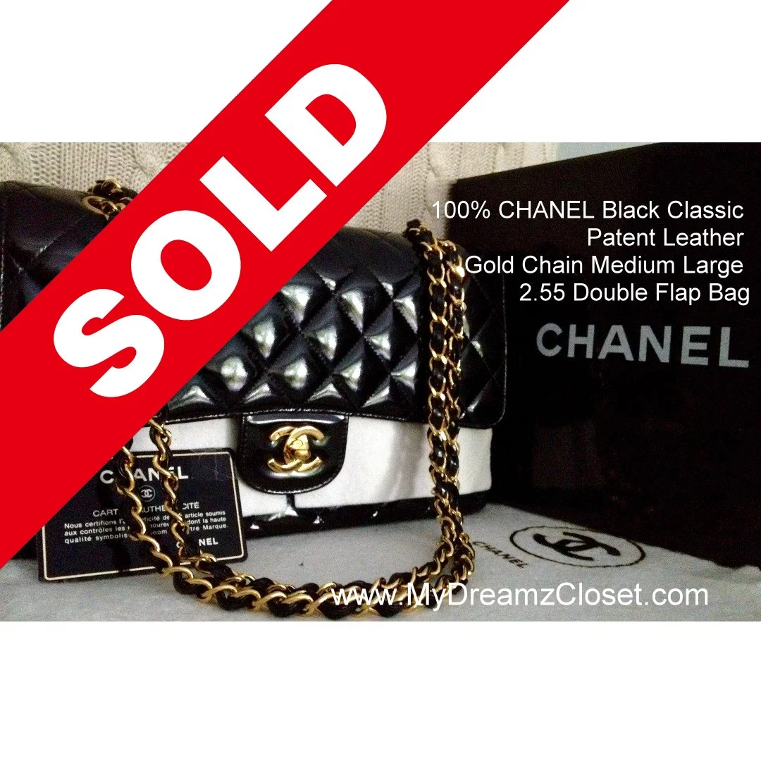 100% CHANEL Black Classic Patent Leather Gold Chain Medium Large 2.55 Double Flap Bag