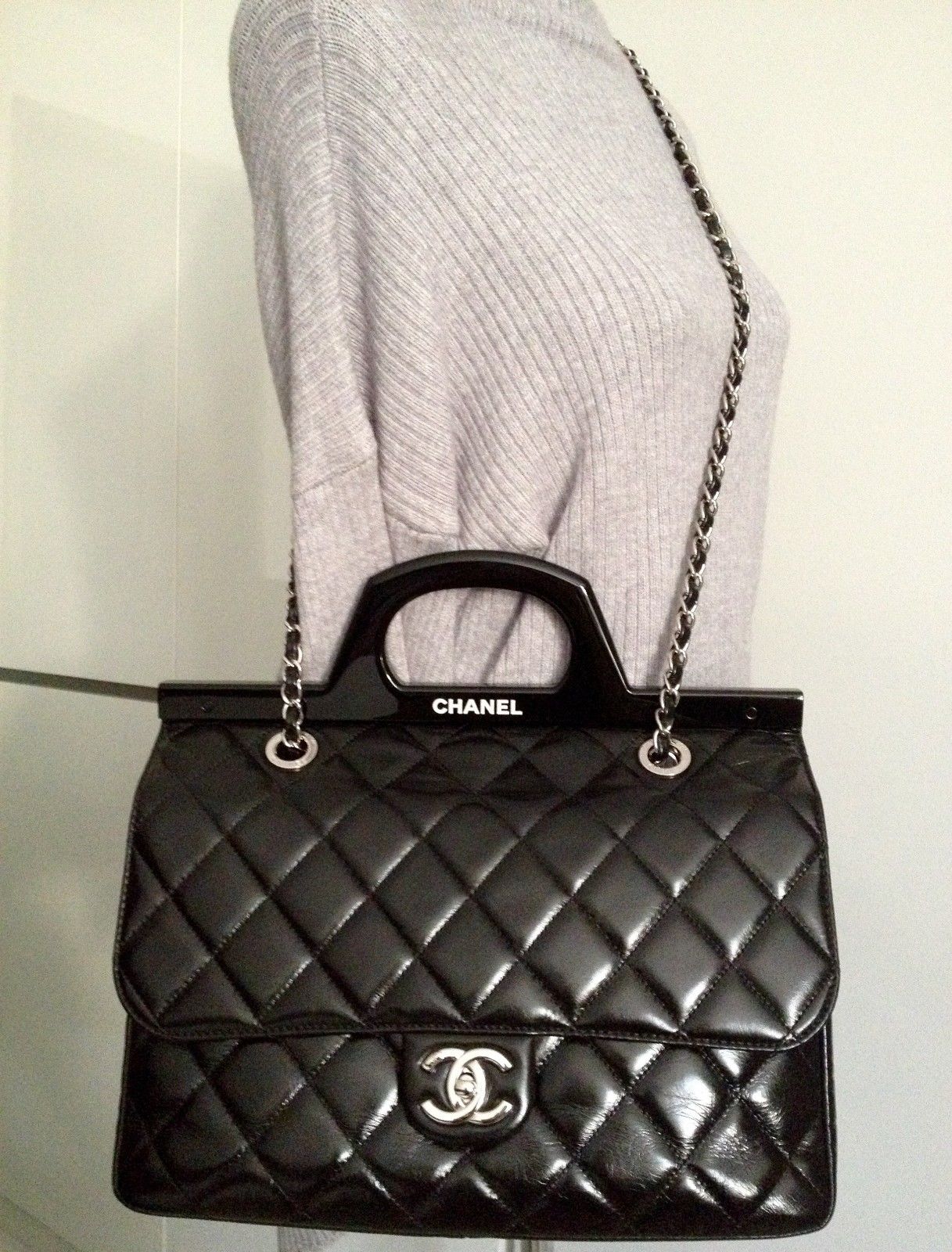 2015 Full Set CHANEL Black Quilted Glazed Calfskin CC Delivery Silver Chain  4way Tote - My Dreamz Closet