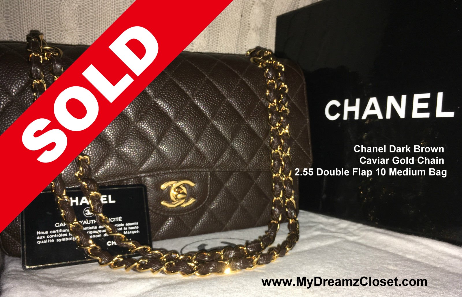 Sold Caviar 15 - NEW CHANEL Classic Dark Brown Caviar Gold Chain 2.55  Double Flap 10 Medium Bag - My Dreamz Closet