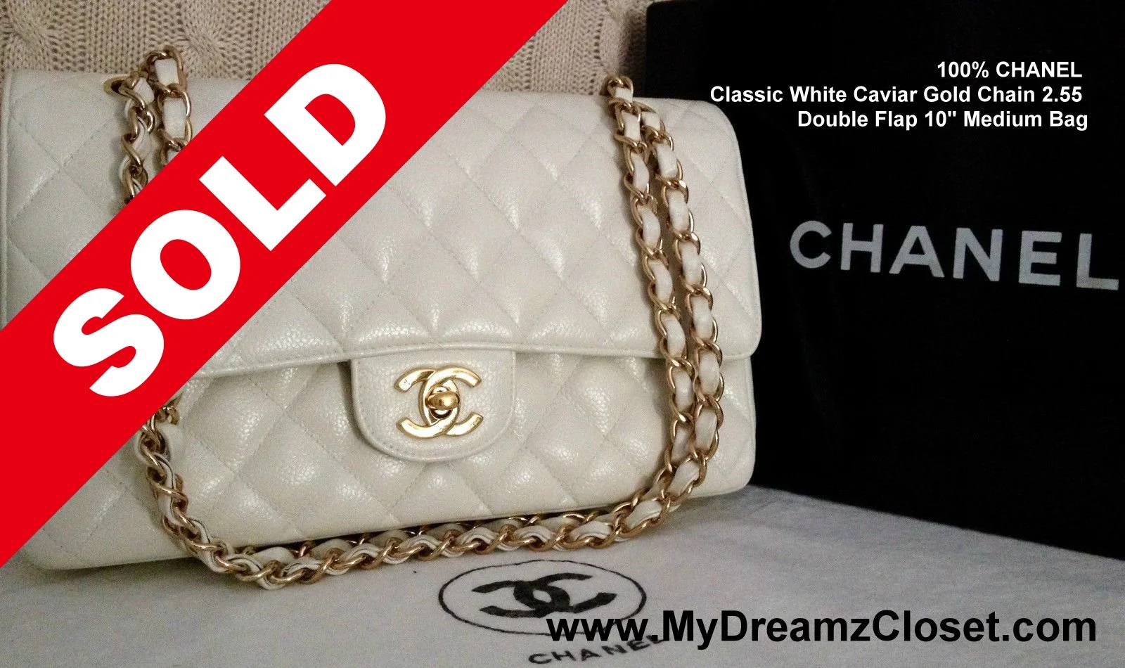 Sold Caviar 16 - 100% CHANEL Classic White Caviar Gold Chain 2.55 Double Flap 10" Medium Bag