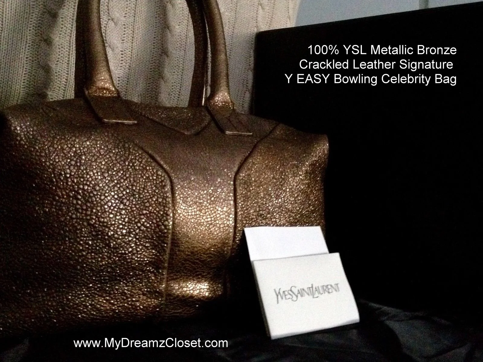100% YSL Metallic Bronze Crackled Leather Signature Y EASY Bowling Celebrity Bag