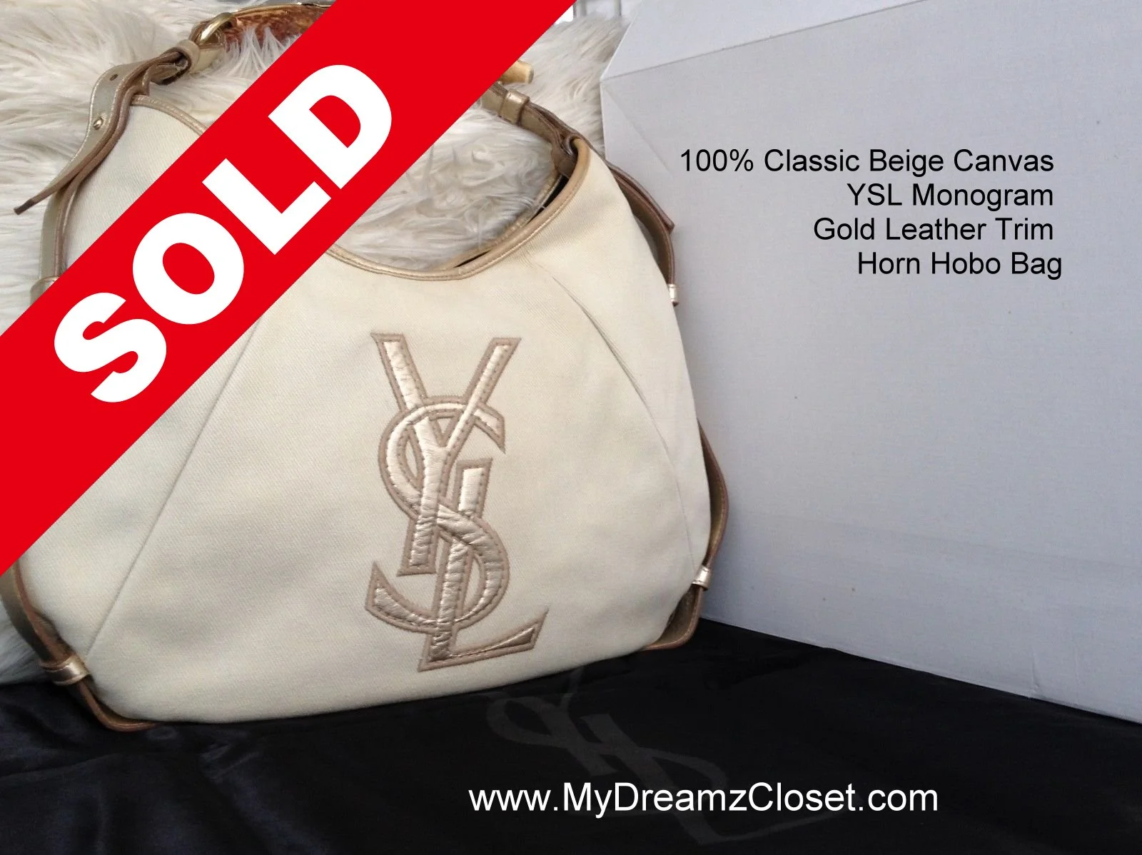 100% Classic Beige Canvas YSL Monogram Gold Leather Trim Horn Hobo Bag