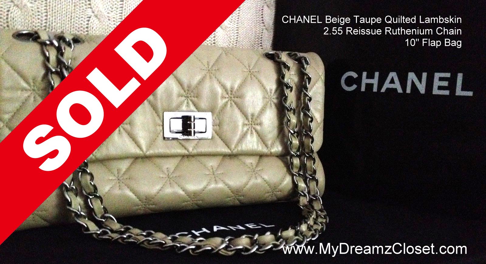 SOLD Lambskin 157 - CHANEL Beige Taupe Quilted Lambskin 2.55 Reissue Ruthenium Chain 10" Flap Bag