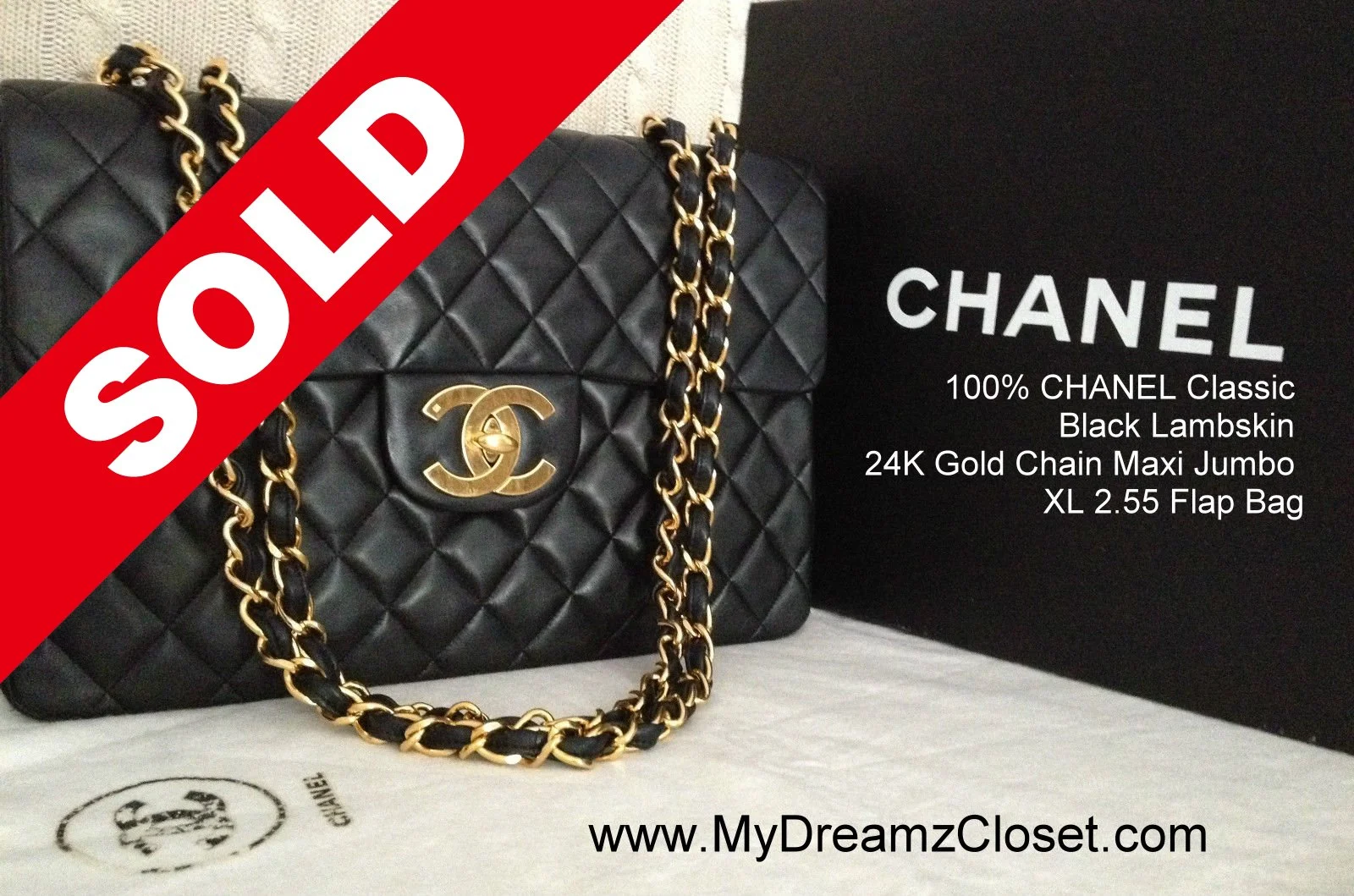 SOLD Lambskin 158 - 100% CHANEL Classic Black Lambskin 24K Gold Chain Maxi Jumbo XL 2.55 Flap Bag