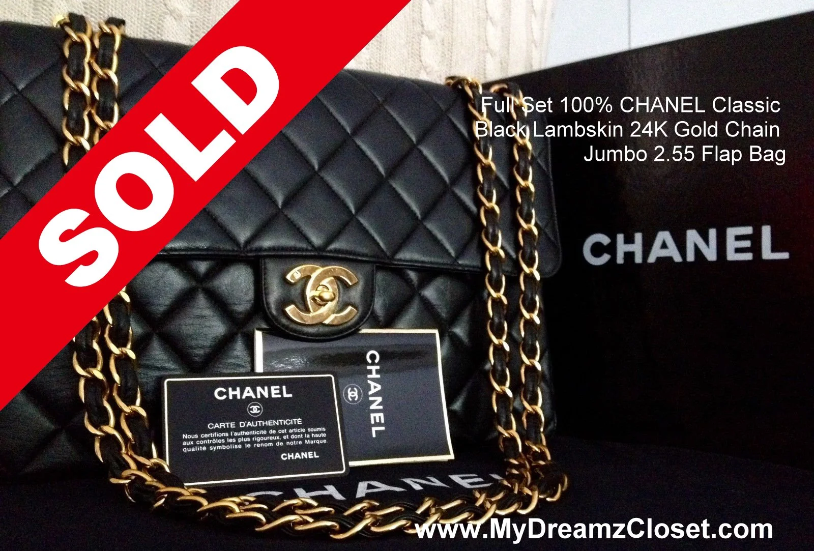 SOLD LAmbskin 161 -  Full Set 100% CHANEL Classic Black Lambskin 24K Gold Chain Jumbo 2.55 Flap Bag