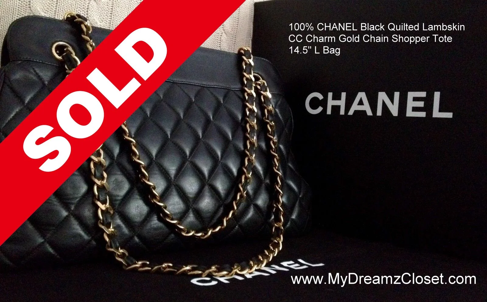 SOLD LAMBSKIN 160 - 100% CHANEL Black Quilted Lambskin CC Charm Gold Chain Shopper Tote 14.5 L Bag