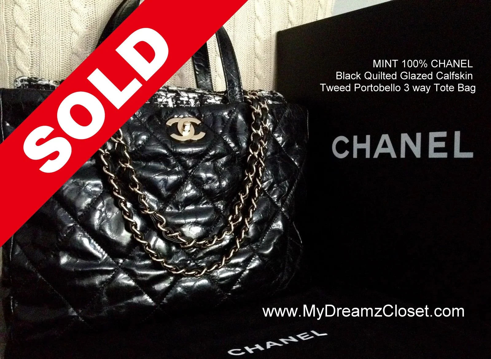 MINT 100% CHANEL Black Quilted Glazed Calfskin Tweed Portobello 3 way Tote Bag