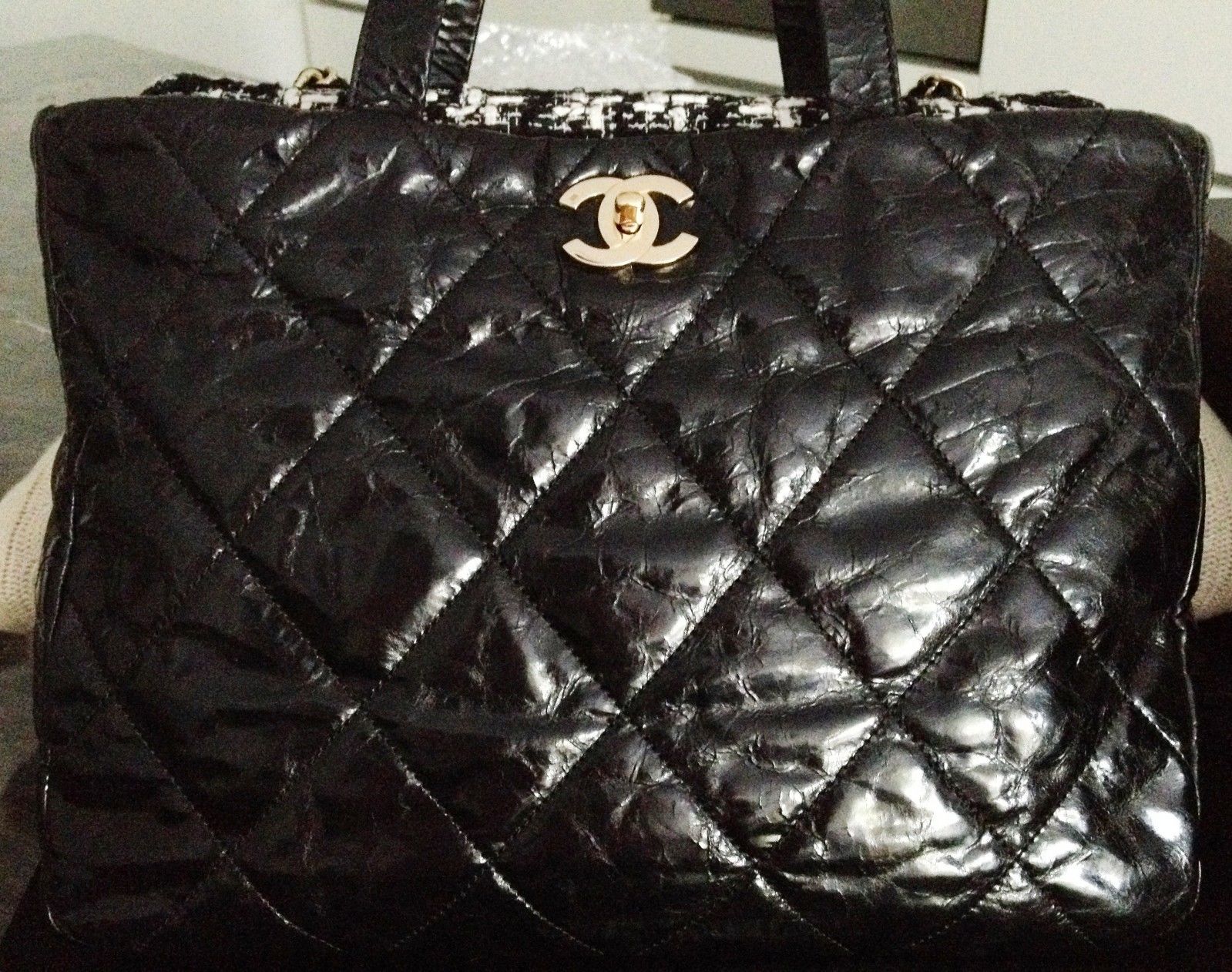 MINT 100% CHANEL Black Quilted Glazed Calfskin Tweed Portobello 3 way Tote  Bag - My Dreamz Closet